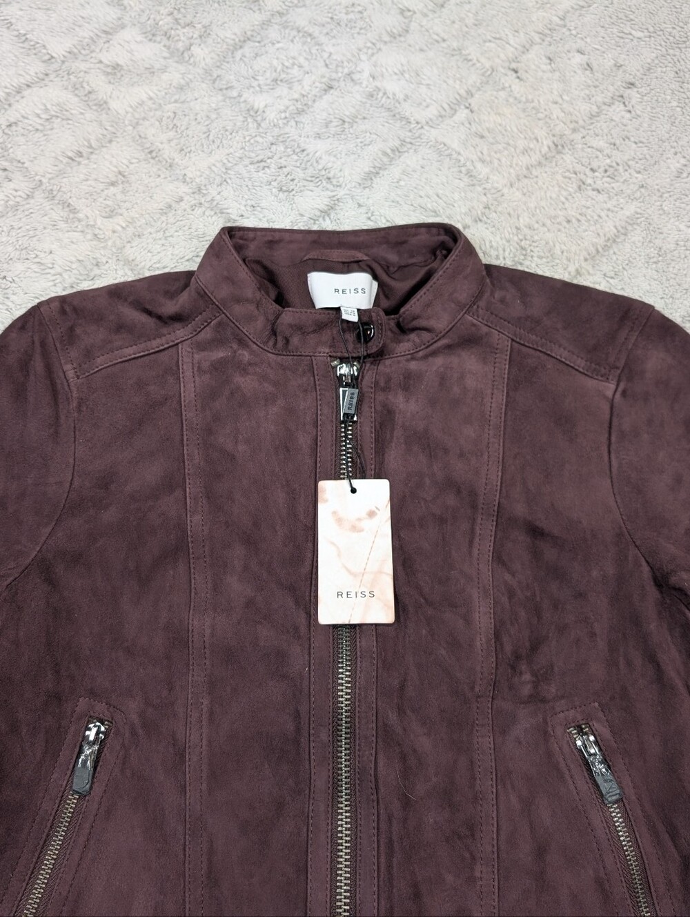 Reiss Jacket Womens 8 Purple Bordeaux Dawn Suede Goat Leather Biker Slim Fit - Picture 2 of 10